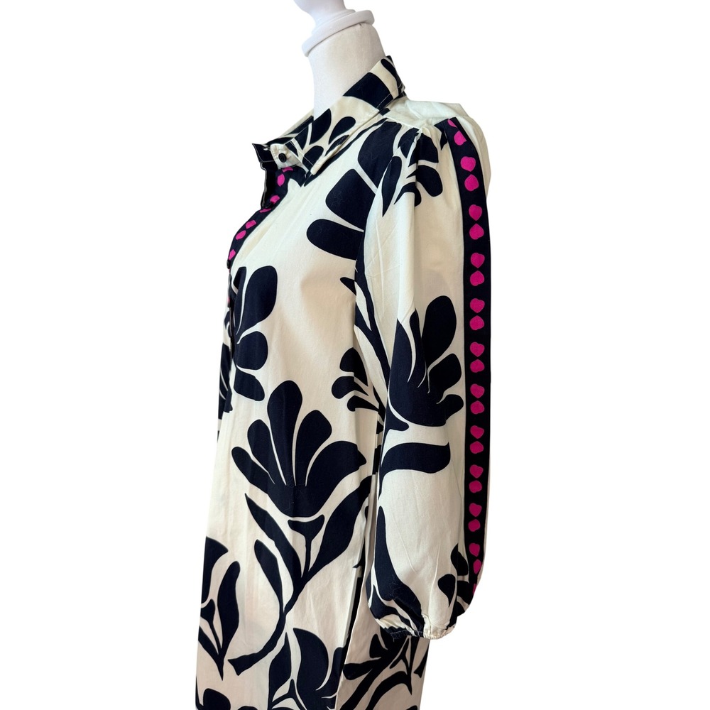 MAUDE VIVANTE Cream Black Floral Retro Mod Artsy Puff Sleeve Shirt Dress Size XS - Picture 3 of 10